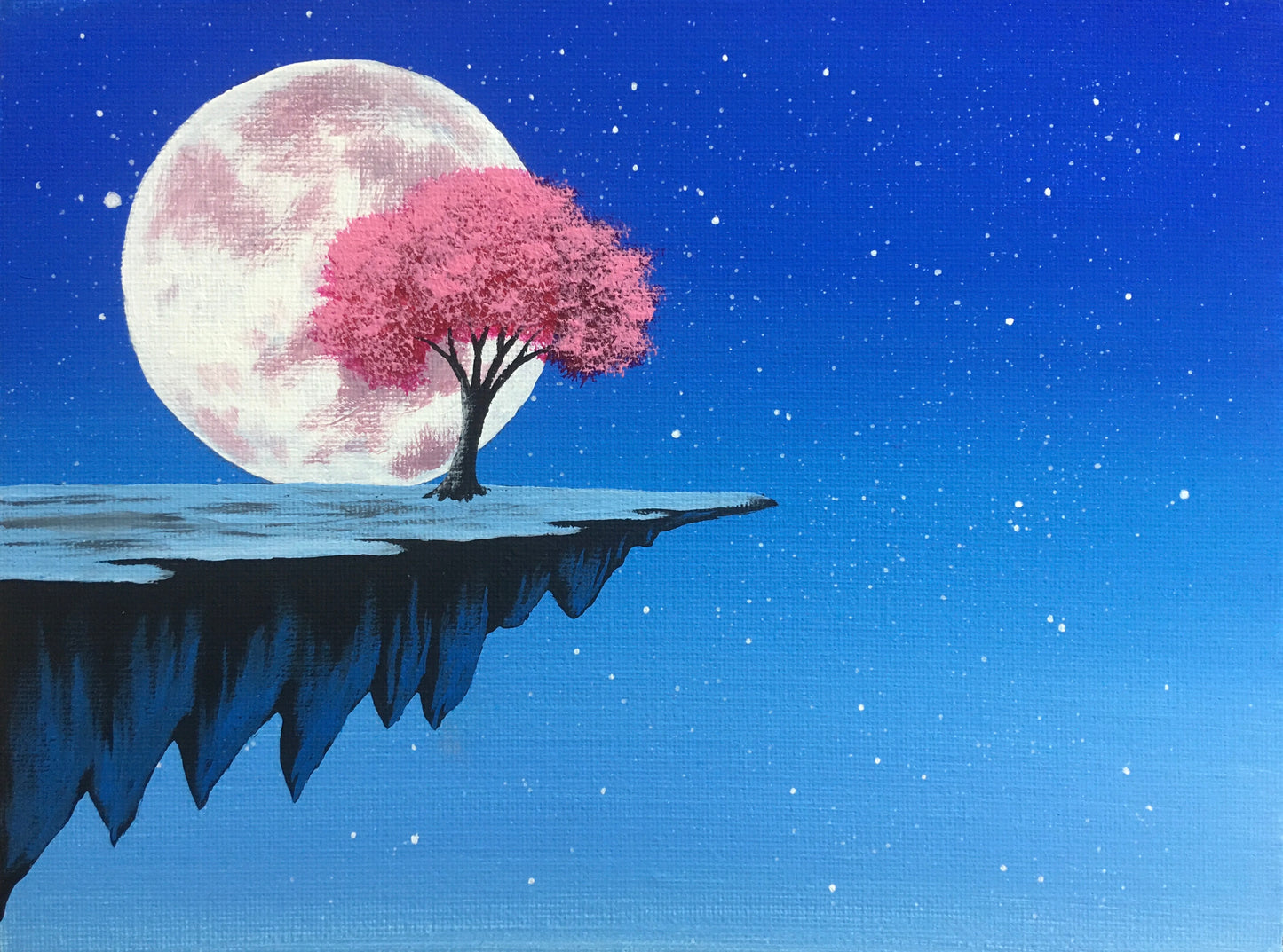 Pink Tree on a Cliff with Full Moon - Original Acrylic Painting
